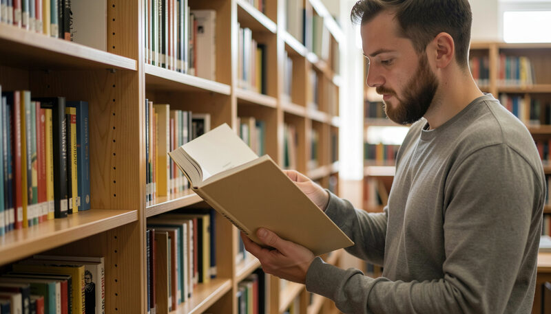 Uomo barbuto in biblioteca che sfoglia la copertina posteriore di un albo a fumetti accanto a scaffali di legno