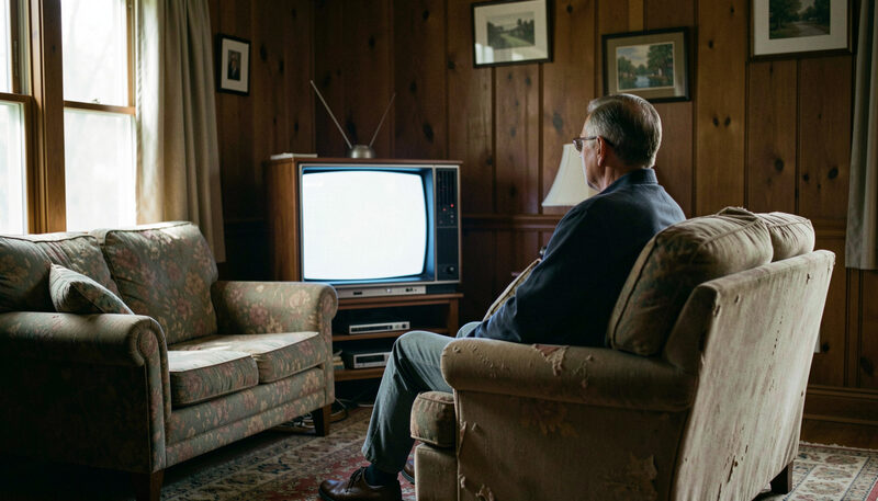 Apparecchio televisivo a tubo catodico acceso in un soggiorno con pareti in legno e divano consumato