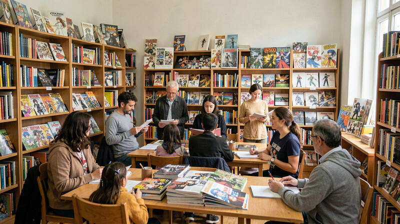 Lettori adulti seduti attorno a un tavolo di biblioteca con albi e riviste manga aperti