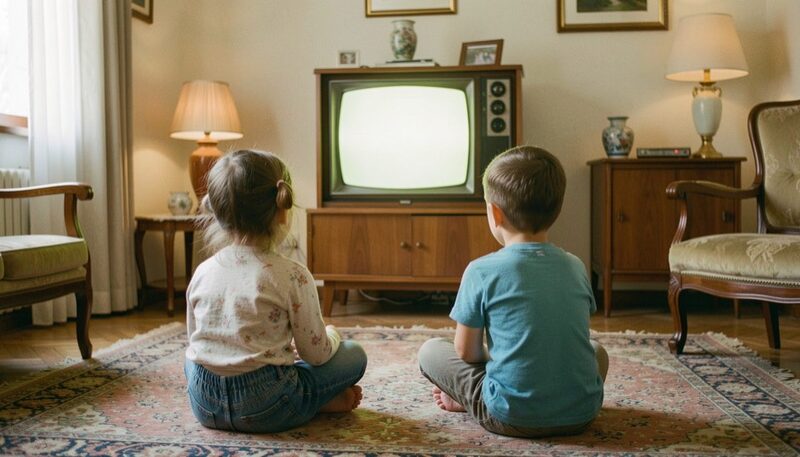 Due bambini seduti di spalle su un tappeto davanti a un televisore a tubo catodico acceso in un soggiorno con mobili d'epoca