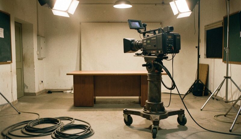 Piccolo studio televisivo con una telecamera su piedistallo a ruote davanti a una scrivania vuota sotto i riflettori